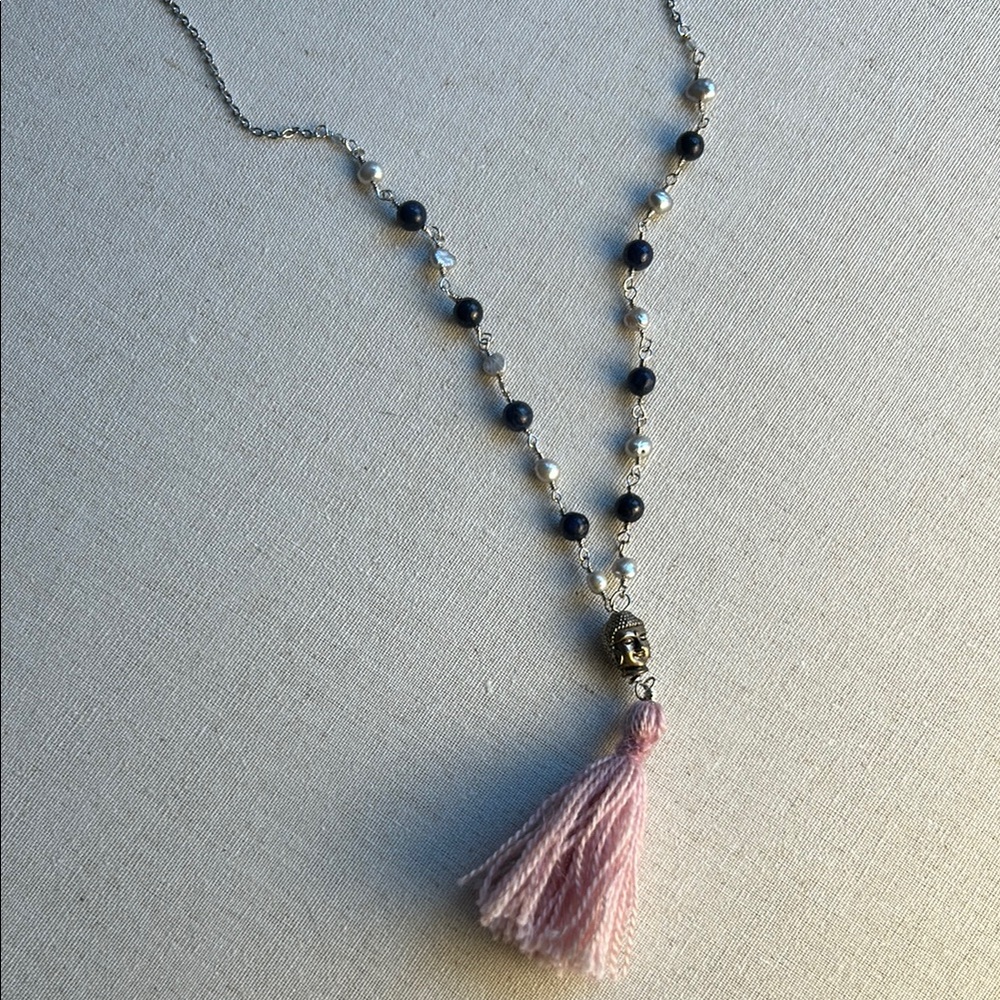 Elegant Silver and Pink Necklace with Tassel